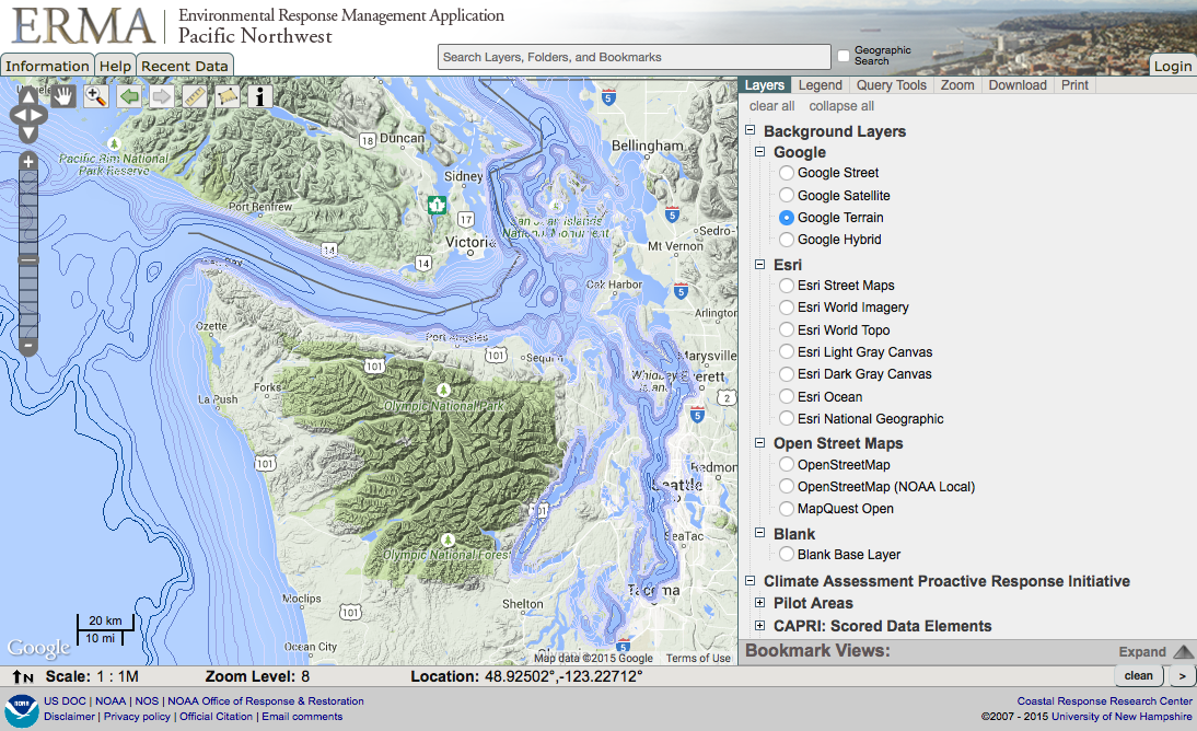 Pacific Northwest ERMA showing bathymetric contours