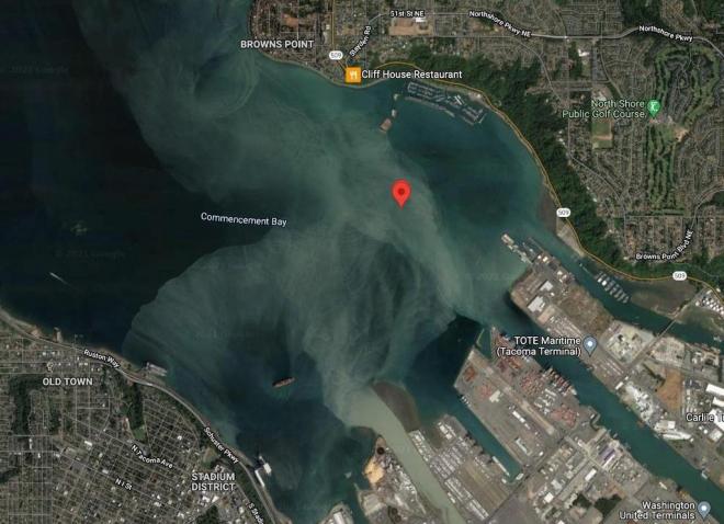 Satellite image of Commencement Bay, Tacoma, Washington showing location of initial sighting of beluga whale on 3 October, 2021 