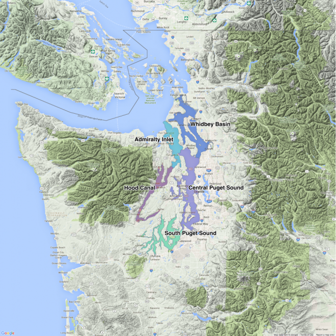Puget Sound basins. Map: Kris Symer. Data source: WDFW.