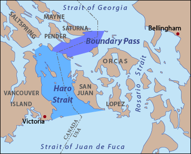 Map of Salish Sea showing Haro Strait and Boundary Pass. Map: Pfly (CC BY-SA 4.0) https://commons.wikimedia.org/w/index.php?curid=3948028