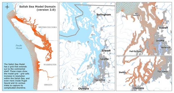 Salish Sea Model Domain (Version 2.0): expanded intermediate-scale grid extending out to the continental shelf.  Graphic: WA Ecology
