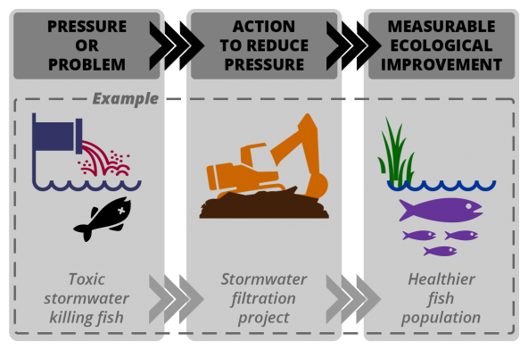 Implementation Strategy process: pressure --> action --> improvement. Diagram: Puget Sound Institute Implementation Strategy process: pressure --> action --> improvement. Diagram: Puget Sound Institute