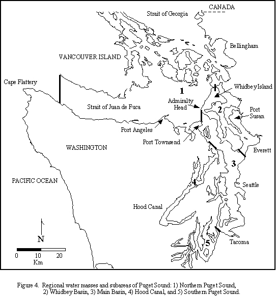 Map of regional water masses and subareas of Puget Sound